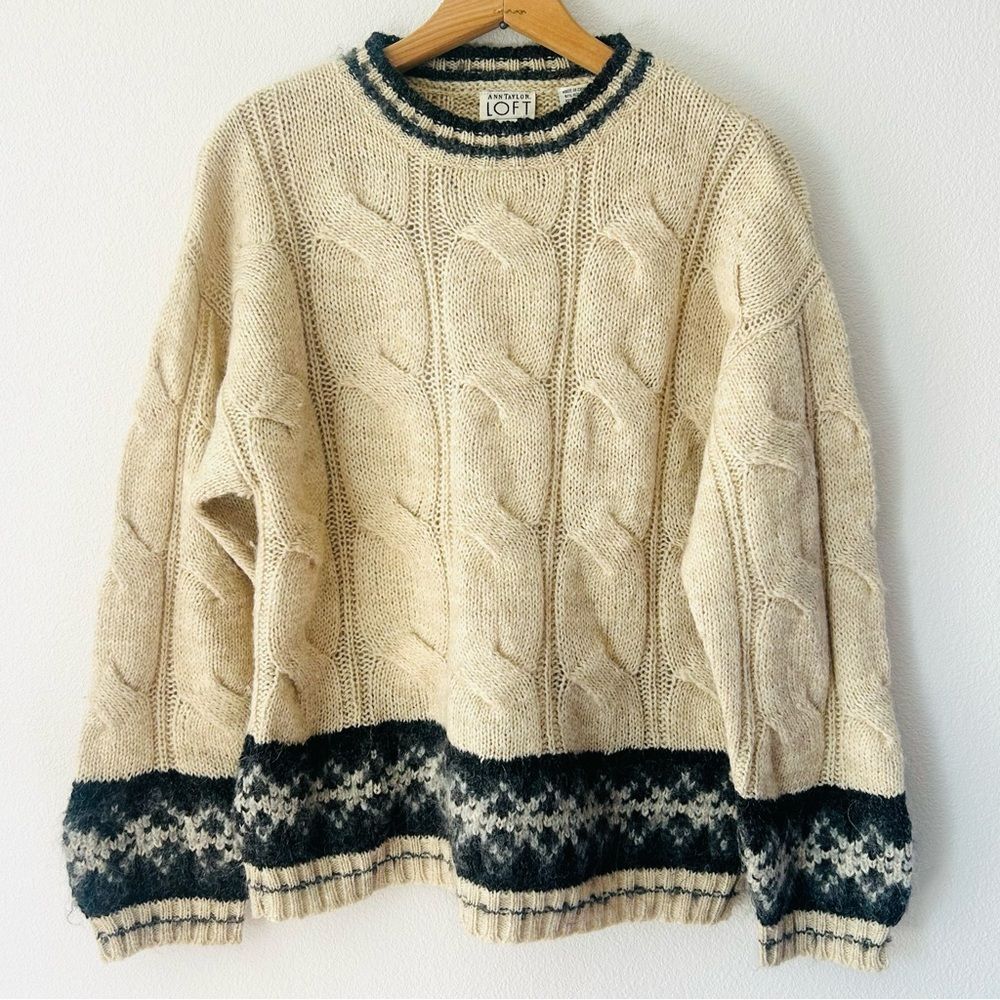 Ann Taylor LOFT Vintage 90s Scandi Cable Knit Wool Blend Sweater Heritage Size M - Picture 1 of 5